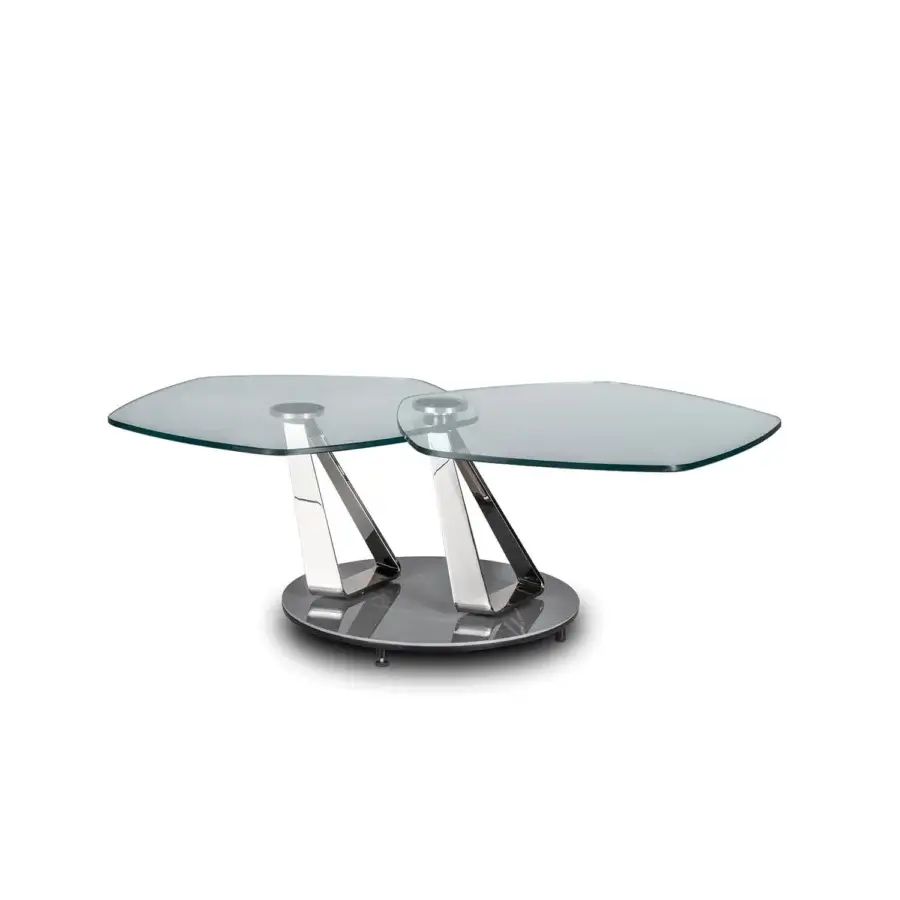 Distinguished Naos Basalto coffee table with a dynamic extensible system and synchronized revolving glass tops in polished silver-toned metal with matte gray