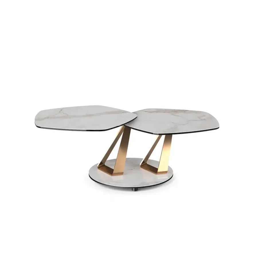 Superior Naos Basalto coffee table with a dynamic bi-lobed form and grey veined marble tabletop in golden metal