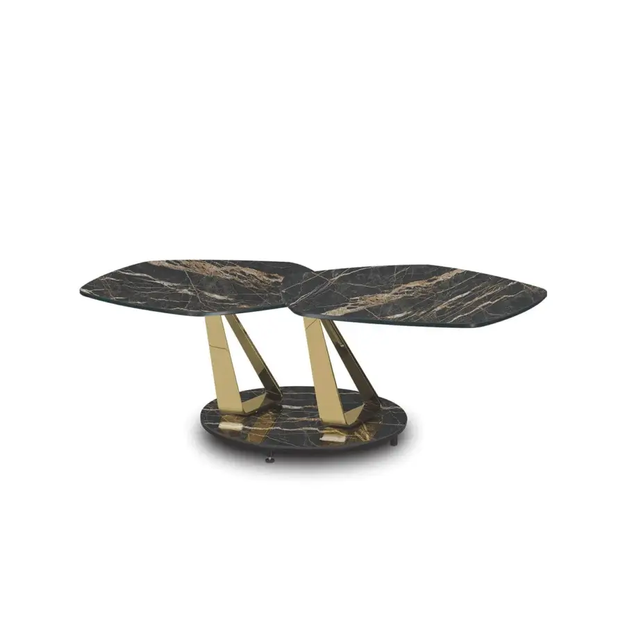Exceptional Naos Basalto coffee table with dark marble and golden veining supported by satin brass with a coordinating stone platform