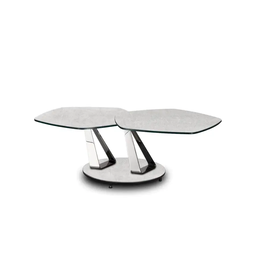 Distinguished Naos Basalto coffee table with revolving ceramic tops in mottled grey and glossy black silver finished base