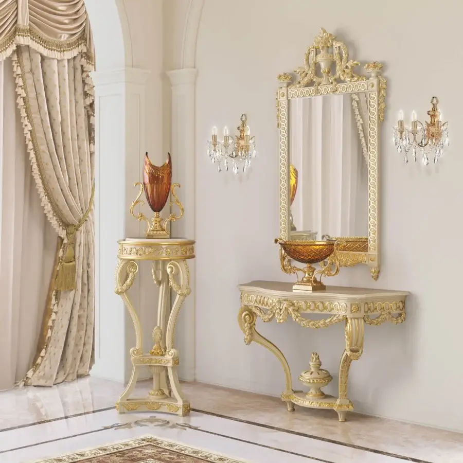 Lavish Modenese Imperial Majesty mirror crafted in Italy with creamy off-white wood and bright gold gilded metal detailing with satin finish