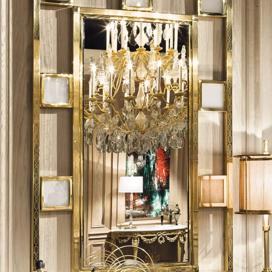 Exquisite Provasi 1607 mirror crafted in Italy with a bold brass frame and integrated marble details in opulent finish