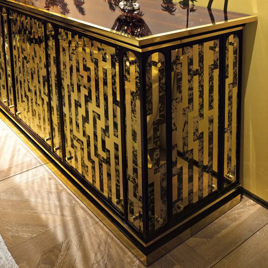 Architectural Provasi 1402 sideboard crafted in Italy with dramatic Ebony wood and lustrous gold-toned metal grid detailing