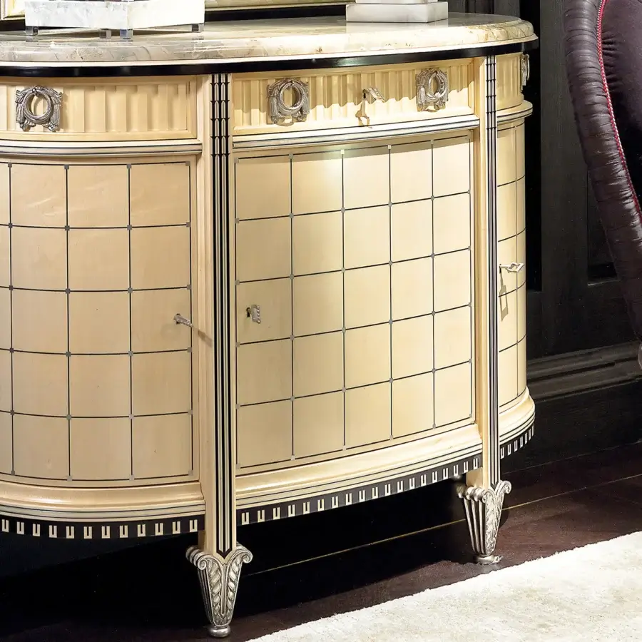 Distinguished Provasi 1502 sideboard crafted in Italy with noble maple wood, satin finish and a luxurious marble top