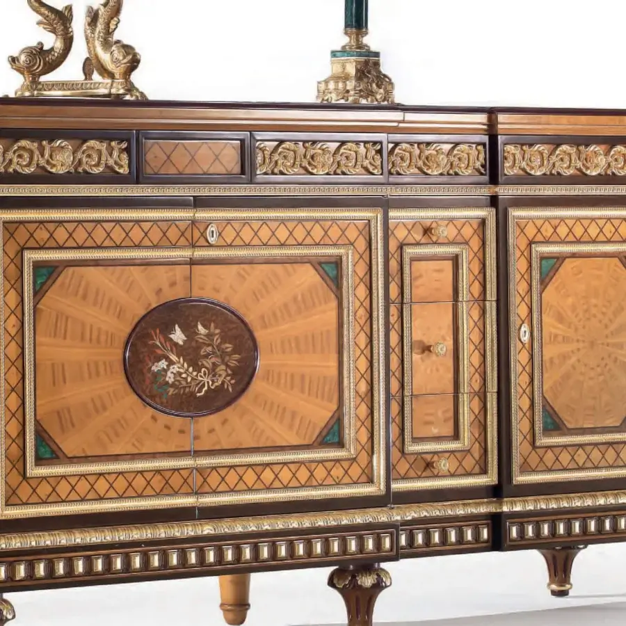 Lavish Armando Rho A1310 sideboard crafted in satinwood, yew wood, and amaranth with marquetry and a warm satin sheen