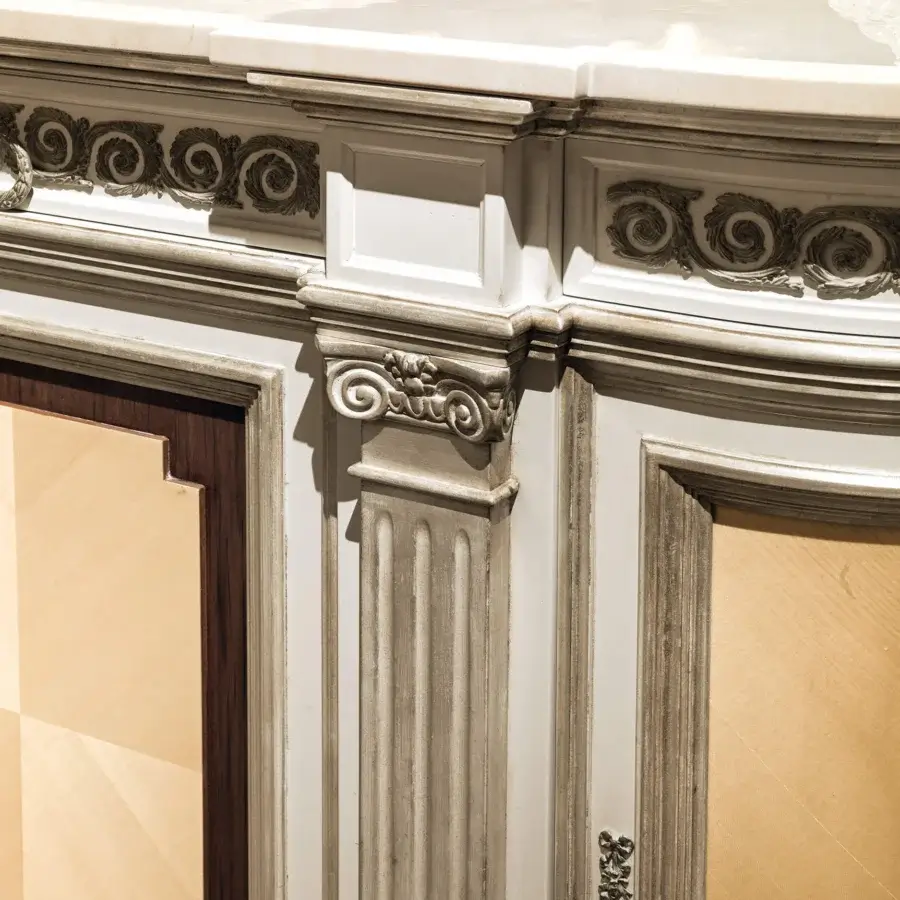 Distinguished Provasi 2932 sideboard crafted in Citronnier wood and Mahogany with a marble top and muted gray-beige finish