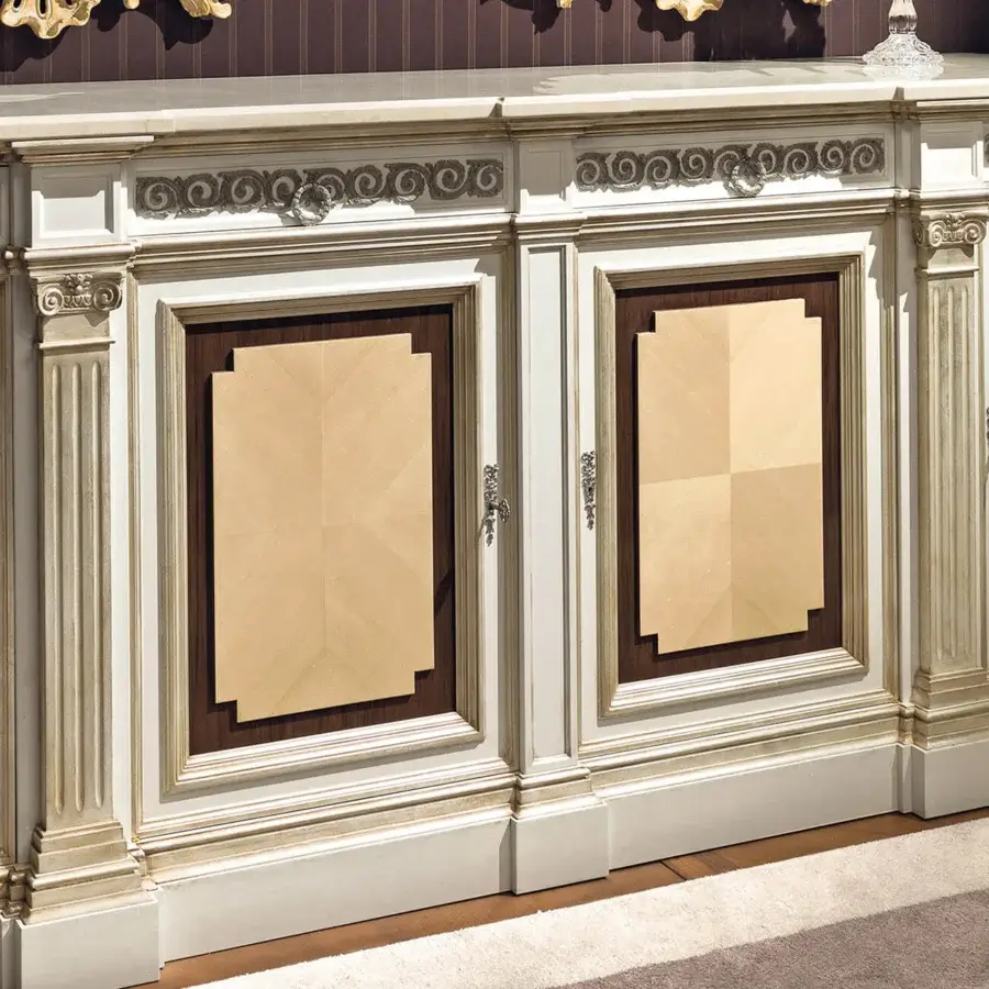 Distinguished Provasi 2932 sideboard built in luminous Citronnier wood and rich Mahogany with a satin finish and gilded detailing