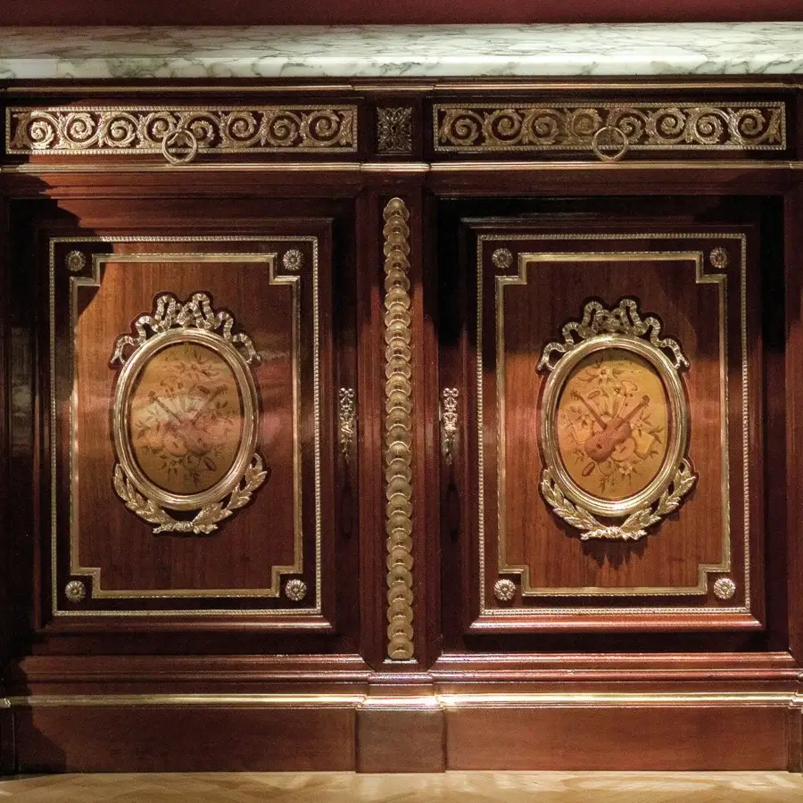 Lavish Provasi 2802 sideboard crafted in mahogany with gilded elements and a glossy warm brown finish