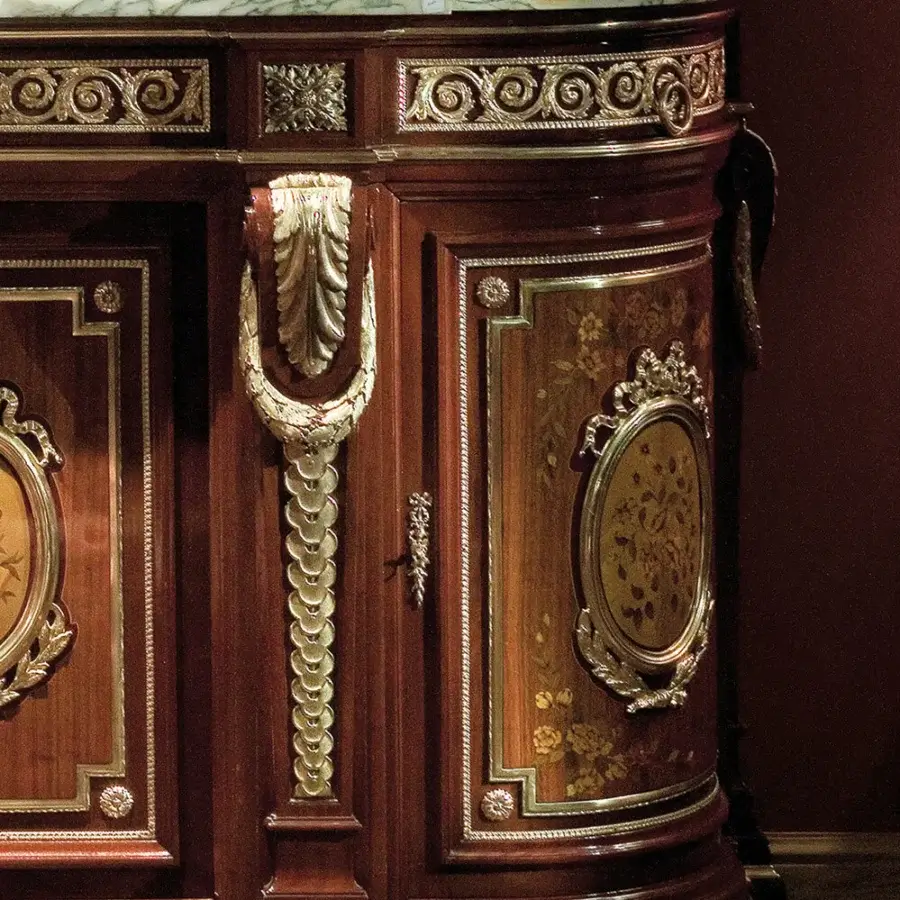 Distinguished Provasi 2802 sideboard crafted in mahogany with floral inlays and gilded brass details, exhibiting a glossy reddish-brown finish