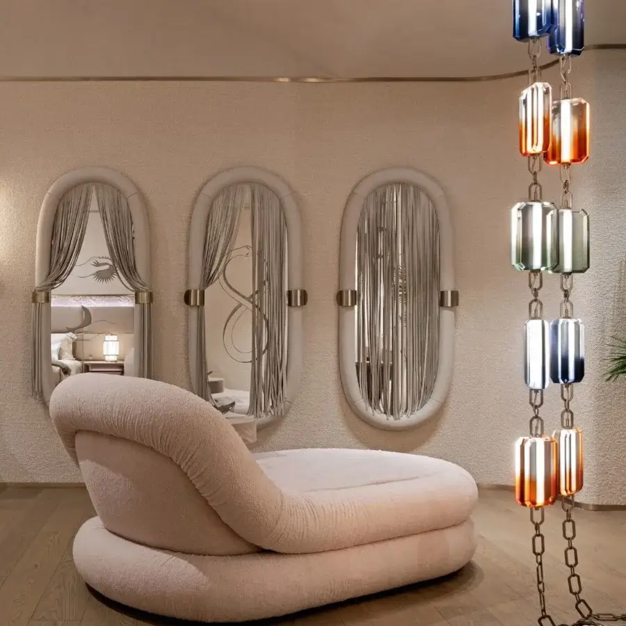 Avant-garde Visionnaire Fedro chaise lounge built with open cell polyurethane cushioning and muted beige textured textile upholstery