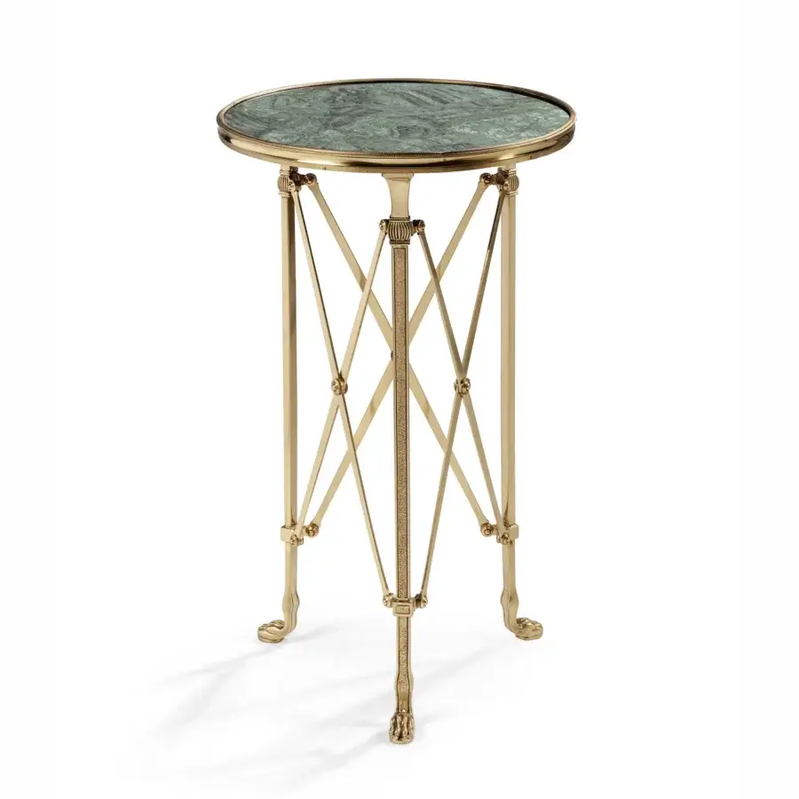 Distinguished Provasi 0573 side table with slender brass structure and mottled green grey marble top in luminous golden finish