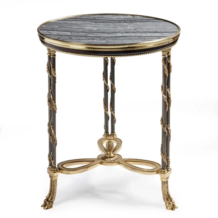 Exquisite Provasi 0574 side table crafted with slender brass and pristine marble, showcasing ornate floral motifs and stylized paw feet