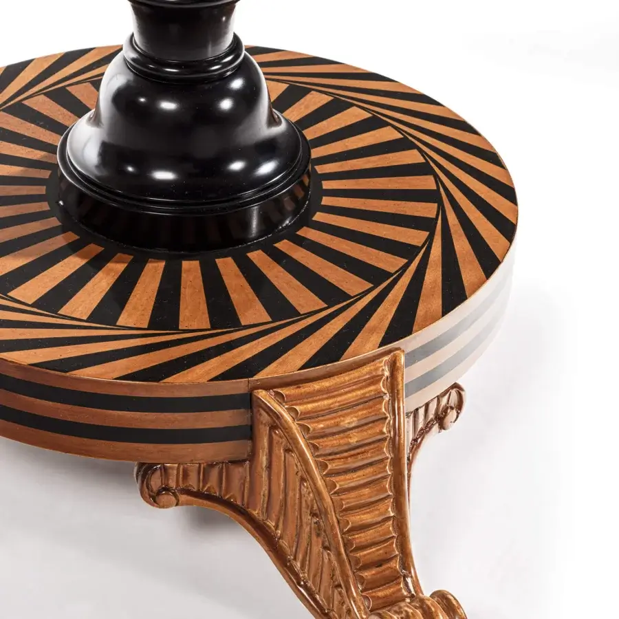 Exceptional Provasi 1218 Bistrot table with striped light brown and black tabletop, silver band, golden-brown carved leg and glossy black column