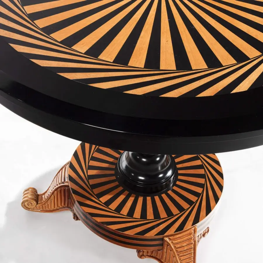 Distinguished Provasi 1218 Bistrot table crafted in wood with black glossy and reddish-brown satin finish exhibiting a bold radial pattern
