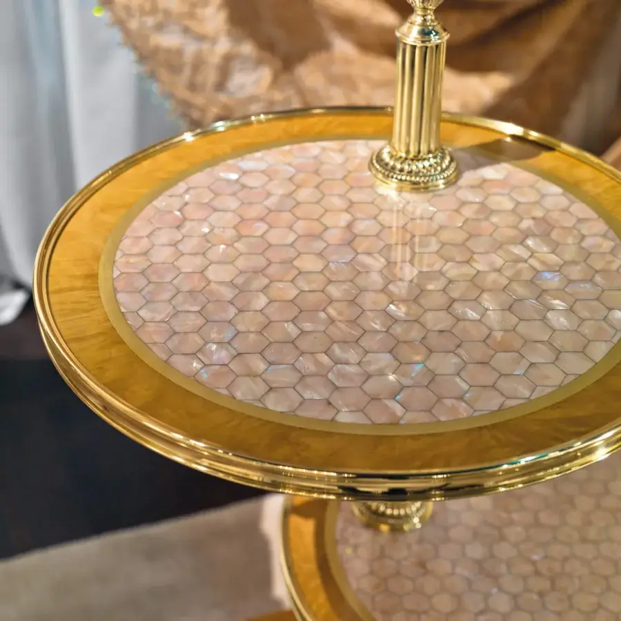Superior Provasi 1508 side table in Burl wood with luminous Mother of Pearl inlay and highly polished gold tone finish