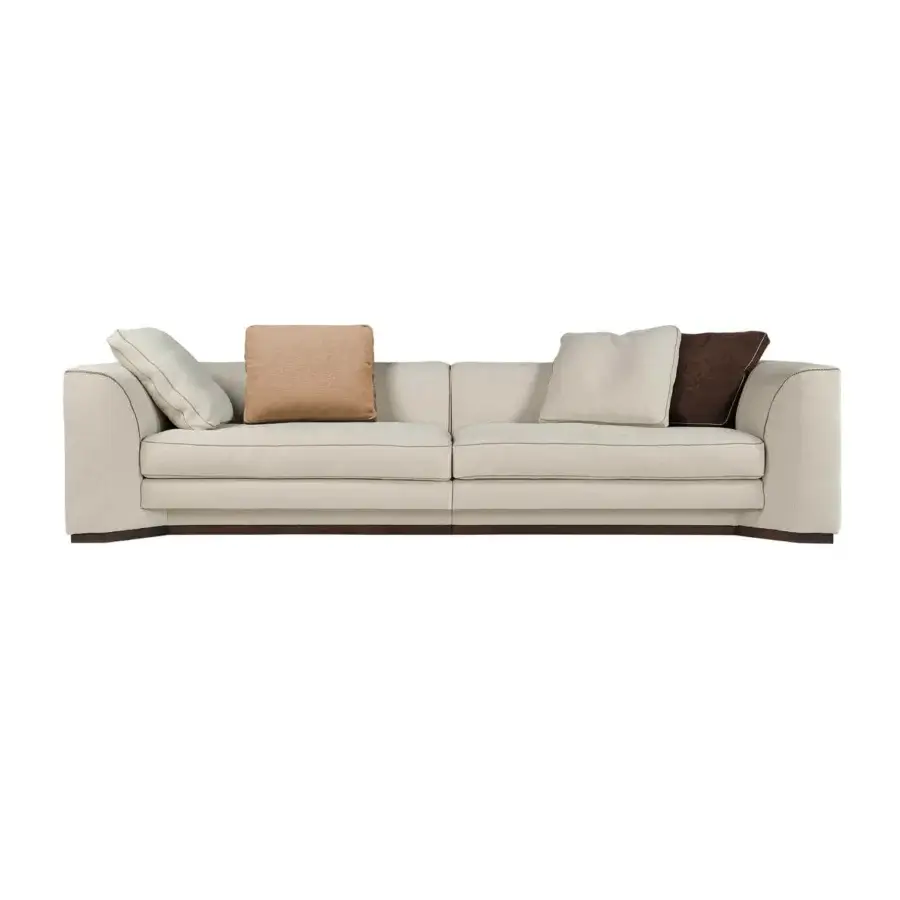 Superior Borzalino Franklin sofa with subtly textured off-white fabric and satin-finish dark wood base
