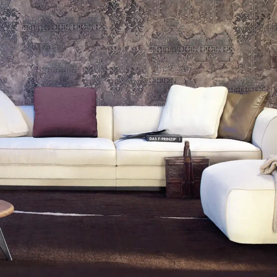 Distinguished Borzalino Franklin sofa with soft lines, feather-enhanced cushioning and subtly textured matte off-white fabric upholstery