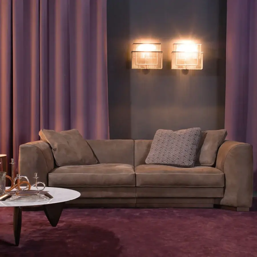 Lavish Borzalino Franklin sofa with enveloping lines, deep cushioning and a matte brownish-grey textile upholstery