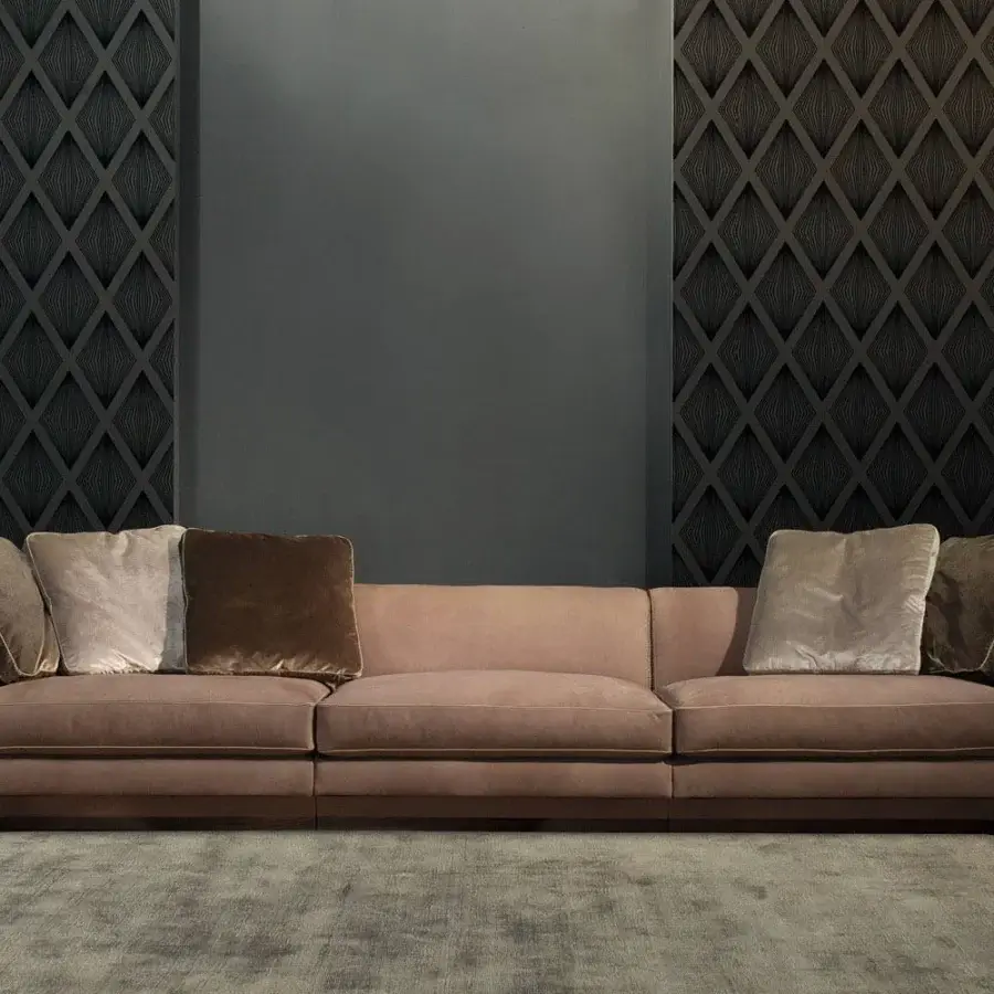 Exceptional Borzalino Franklin sofa with soft lines, woven fabric upholstery and plush feather-enhanced cushions