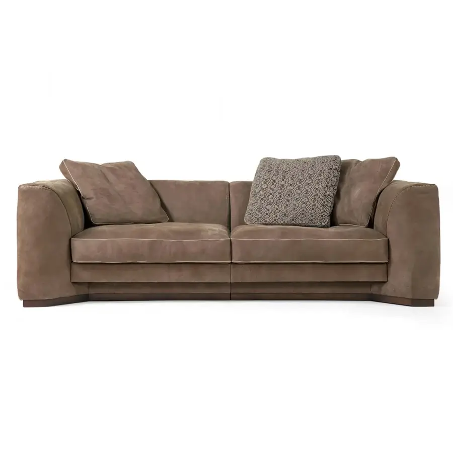Distinguished Borzalino Franklin sofa with enveloping lines, muted brown textile upholstery and refined contrasting stitch detailing