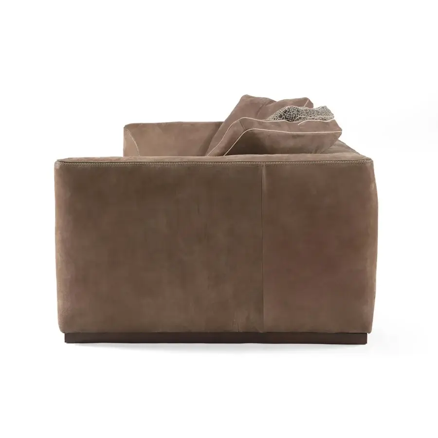 Lavish Borzalino Franklin sofa with enveloping form, soft muted brown textile upholstery and solid wood build