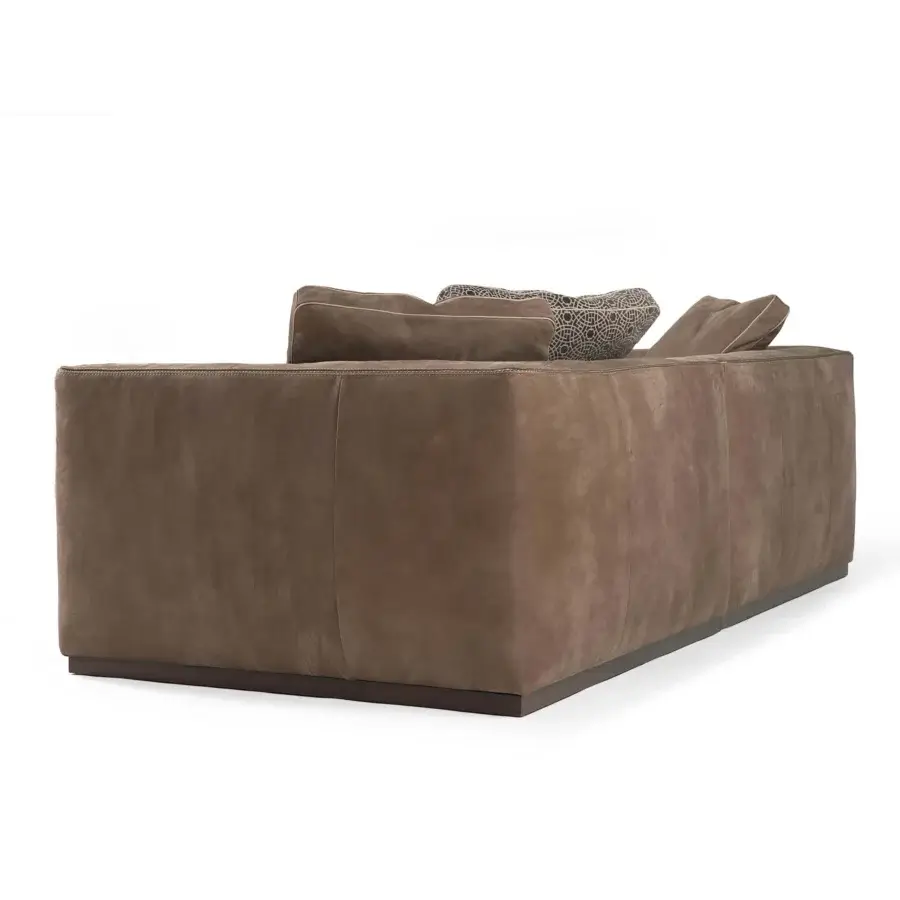 Exceptional Borzalino Franklin sofa with relaxed aesthetic, warm medium-brown textile upholstery and solid wood frame