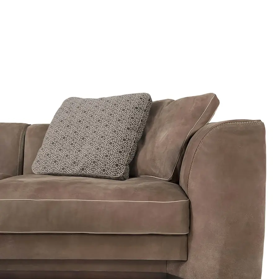 Distinguished Borzalino Franklin sofa with warm medium-brown textile upholstery, subtle stitching and a dark-toned wood base