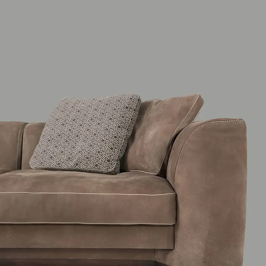 Distinguished Borzalino Franklin sofa with warm medium brown textile upholstery and light-toned decorative stitching
