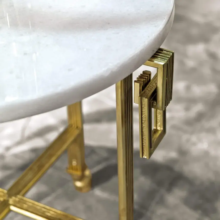 Distinguished Provasi 1718 side table crafted with luminous brass and prestigious white marble offering a satin gold finish