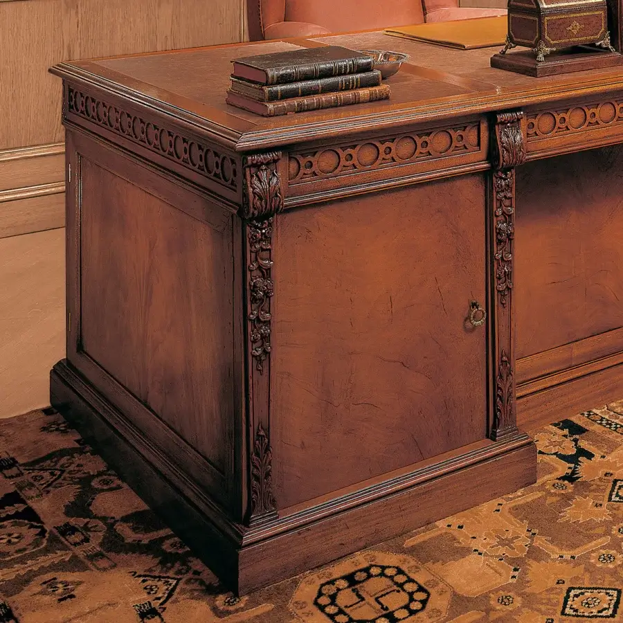 Distinguished Provasi 0306 desk crafted in blanched mahogany with satin finish and ornate hand-carvings