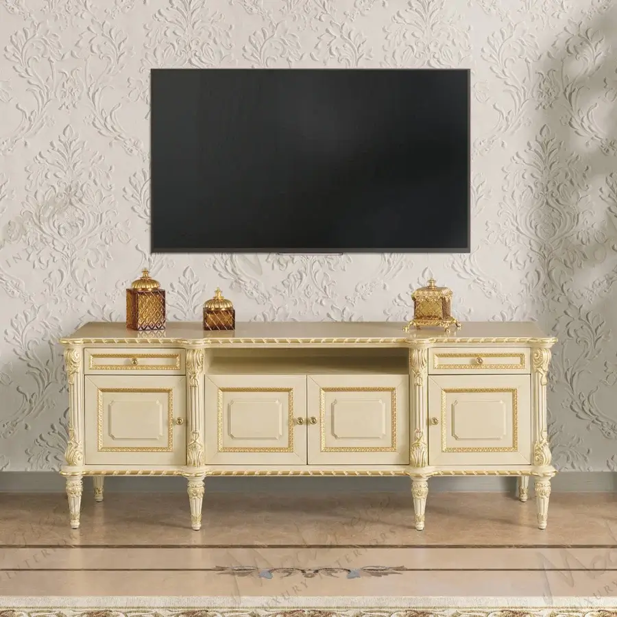 Superior Modenese Imperial Majesty TV stand crafted in ivory with gold detailing and hand-carved embellishments