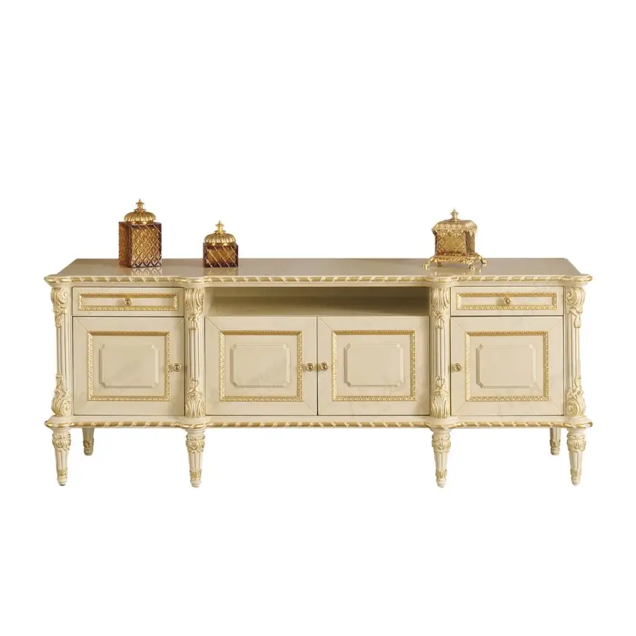 Lavish Modenese Imperial Majesty TV stand built in ivory satin with hand-carved gold embellishments