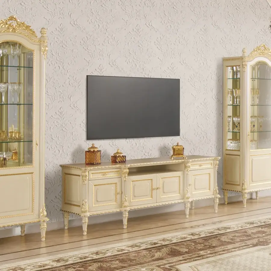 Distinguished Modenese Imperial Majesty TV stand crafted in ivory with ornate gold detailing and curved lines