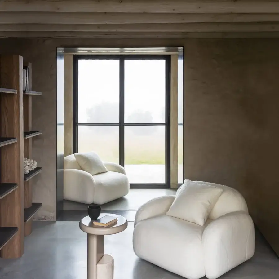 Superior Carpanese Home Milestone side table in neutral beige with sculpted marble base and refined ash wood top