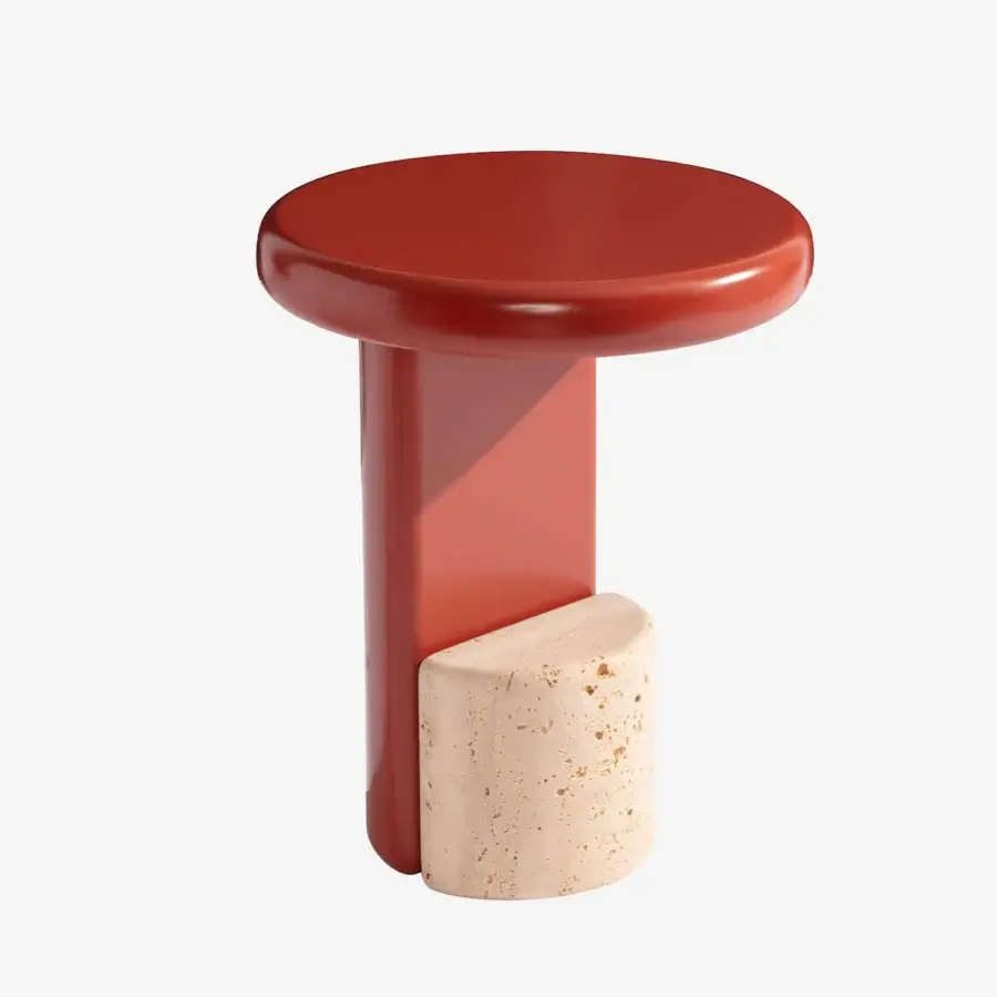 Distinguished Carpanese Home Milestone side table with terracotta lacquered tabletop and travertine stone base
