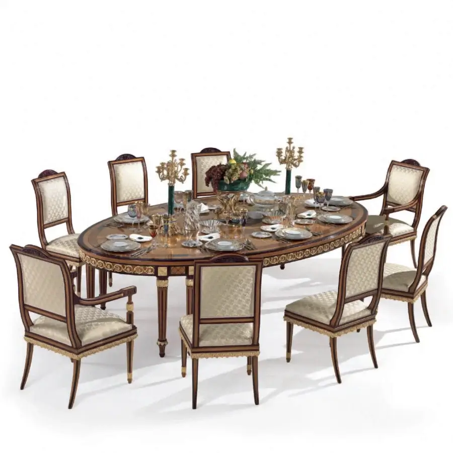 Distinguished Armando Rho A1311 table crafted in satinwood, yew wood, and amaranth with glossy finish and luminous mother of pearl inlays