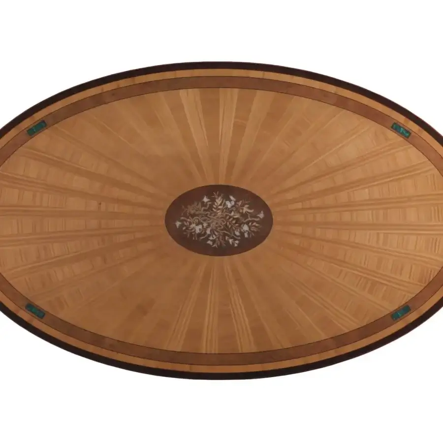 Superior Armando Rho A1311 table crafted in satinwood, yew wood, and amaranth with amboyna burl, mother of pearl inlay, and satin finish