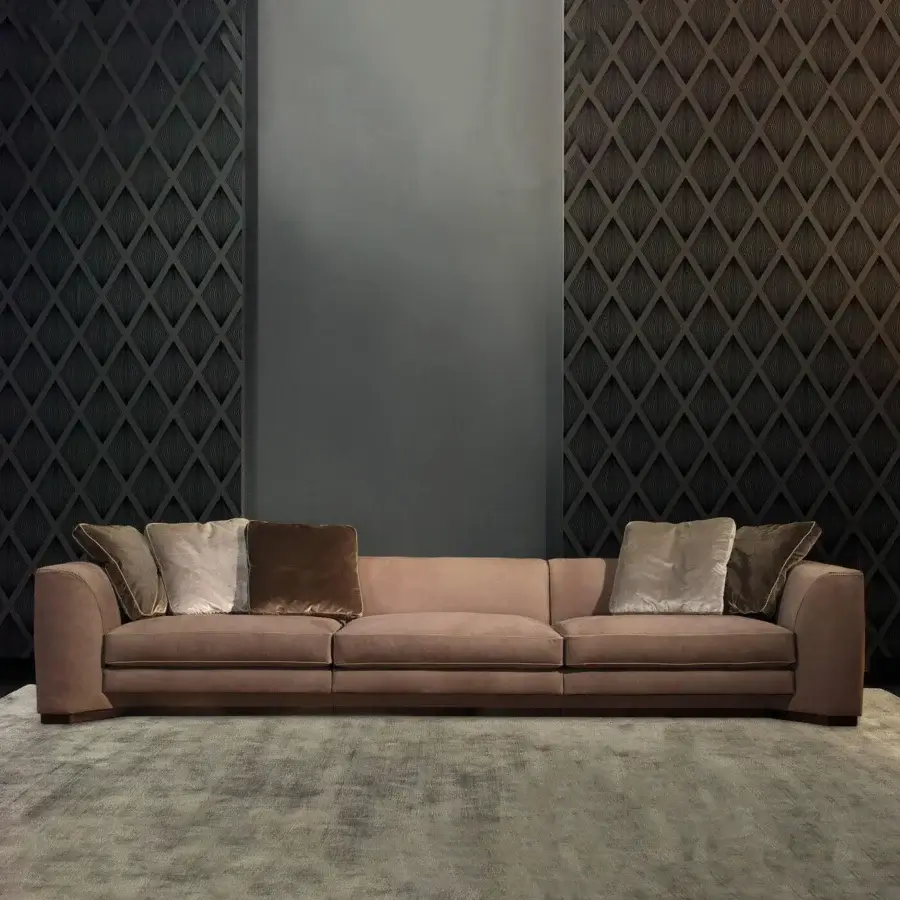 Distinguished Borzalino Franklin sofa upholstered in subtly textured matte dusty rose textile with deep cushioning and solid wood construction