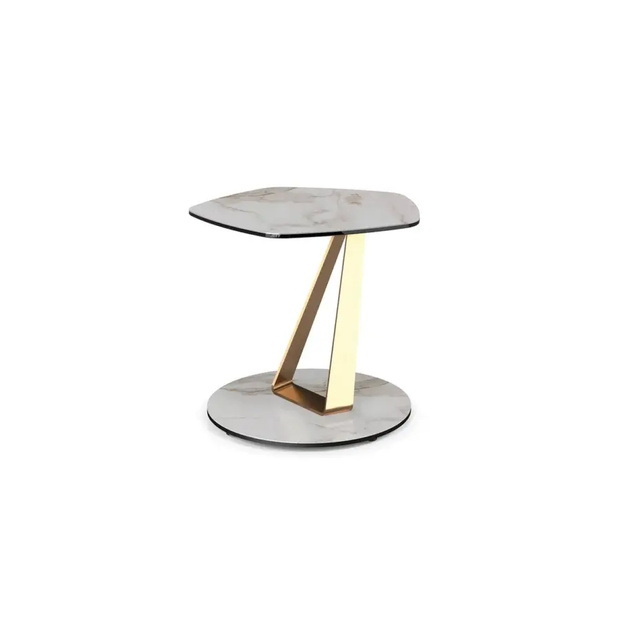 Superior Naos Basalto side table with circular glass tabletop exhibiting white marble and golden galvanized angled support