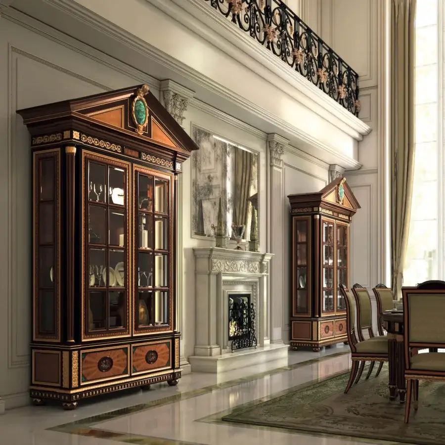 Exquisite Armando Rho A1312 cabinet built with satinwood, yew wood, and amaranth exhibiting a dark brown finish with luminous mother of pearl and malachite