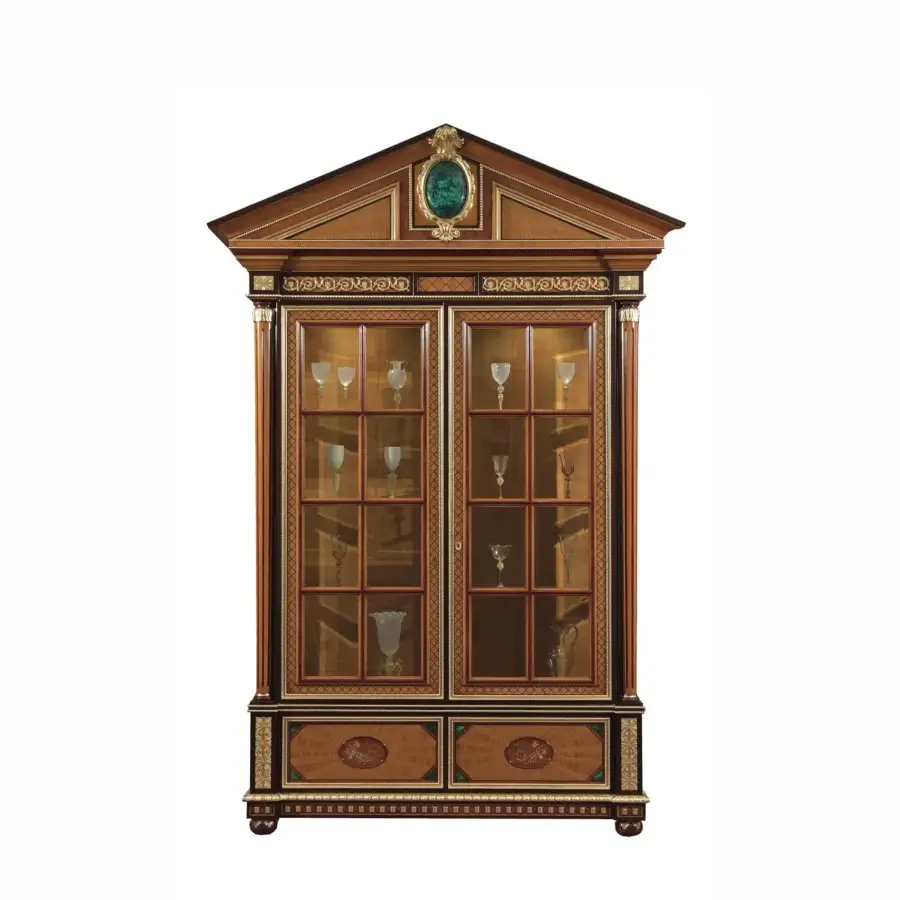 Distinguished Armando Rho A1312 cabinet built with satinwood, yew wood, and amaranth, accented with mother of pearl, brass, and malachite inlay