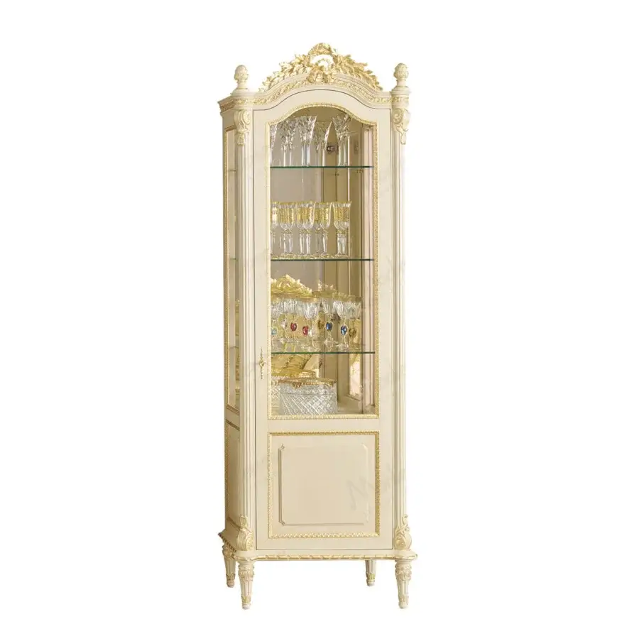 Lavish Modenese Imperial Majesty cupboard crafted in ivory with gold leaf accents and carved floral motifs