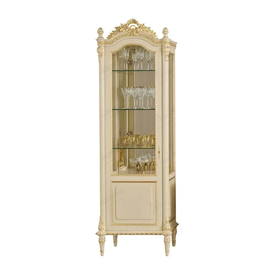 Superior Modenese Imperial Majesty cupboard crafted in ivory with delicate gold leaf and satin finish