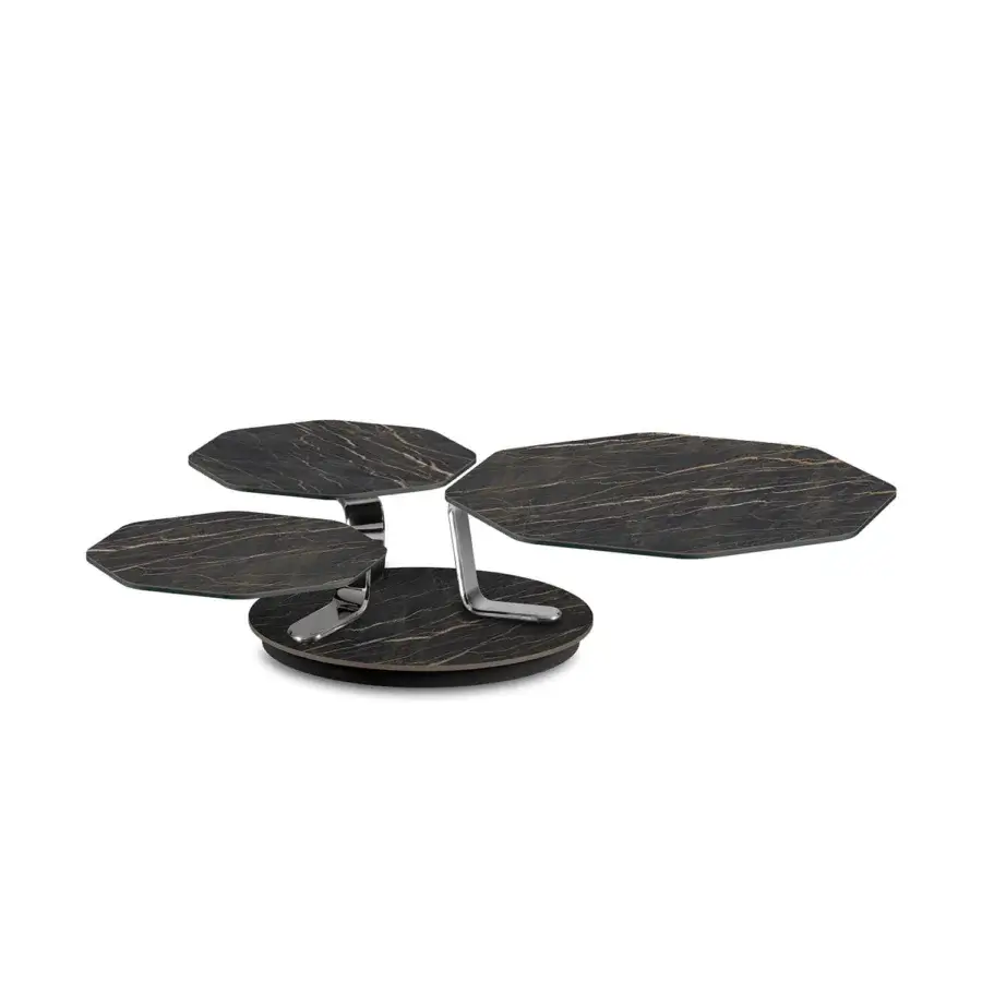 Exclusive Naos Batis coffee table crafted in dark brown-black wood with glossy finish and polished metal arms