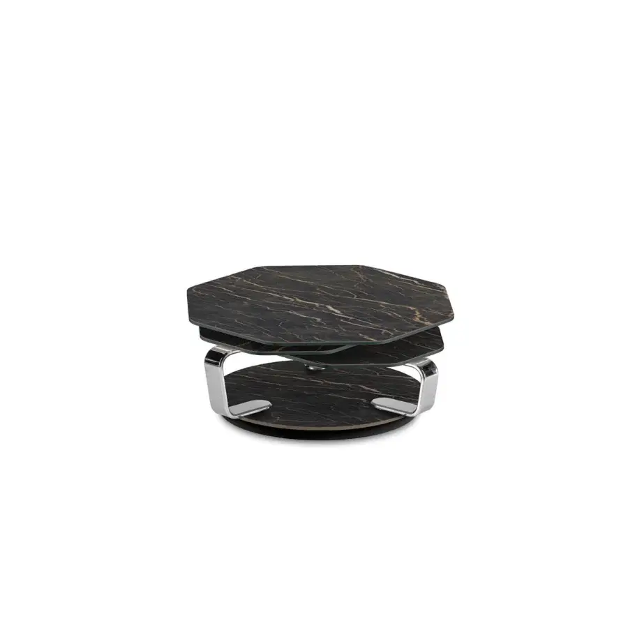 Distinguished Naos Batis coffee table with polished black marble surfaces and bright chrome metal framework