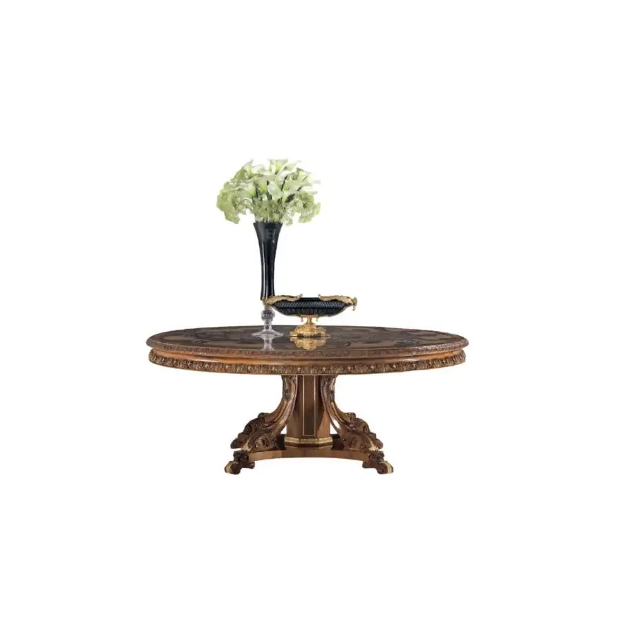 Lavish Armando Rho A1341 table crafted in walnut Persian burl, bois de rose, and walnut California burl with mother of pearl, brass, and copper inlay and glossy finish
