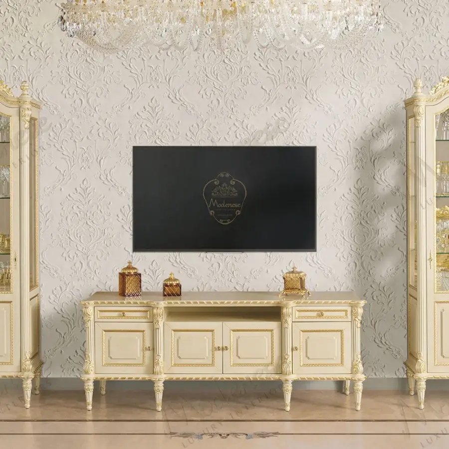Distinguished Modenese Imperial Majesty cupboard crafted in ivory with gold leaf accents and a satin sheen