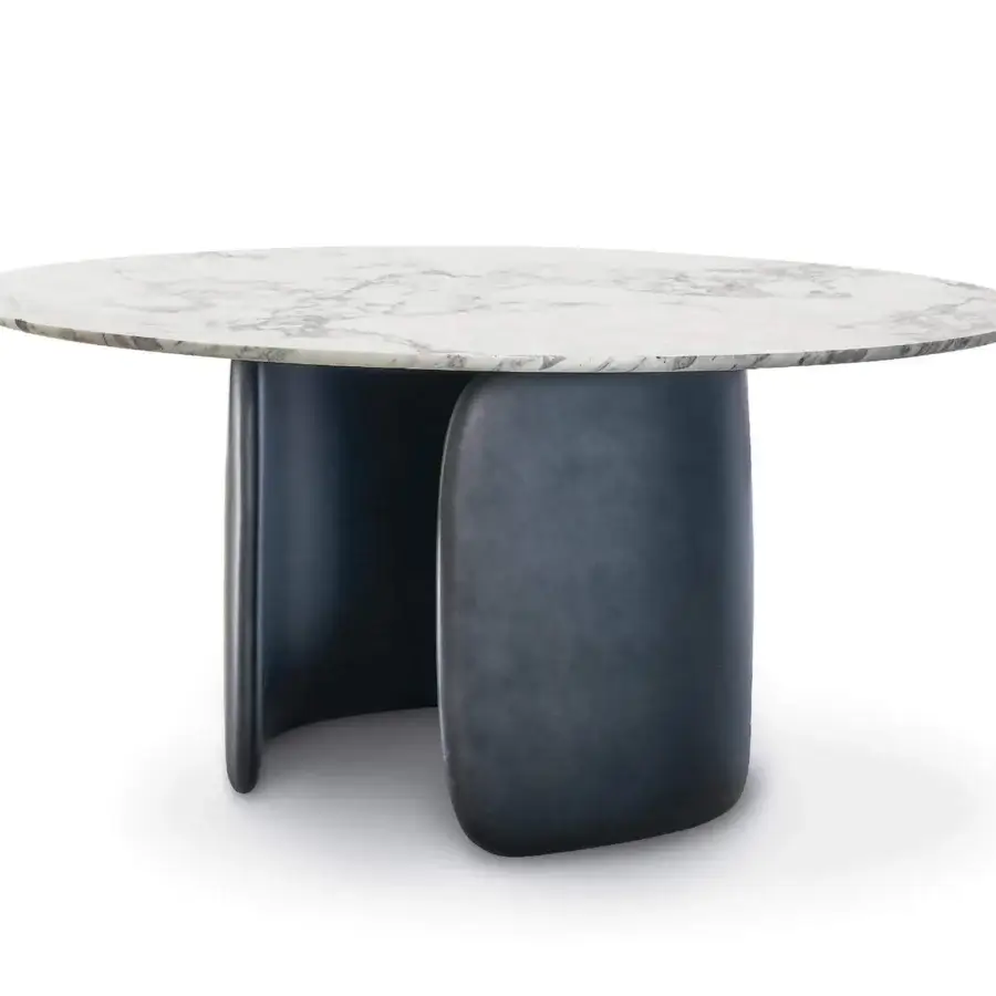Sophisticated Bonaldo Mellow table with curvilinear shaping and a marble-like top in white and grey veining with a dark matte finish