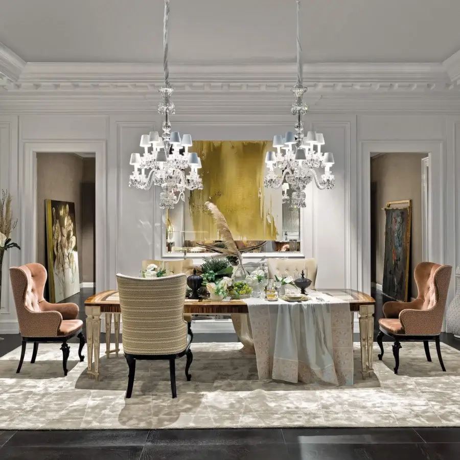 Distinguished Provasi 1703 extendable table built with Palissander, Zebrano, Erable, and Ziricote woods in gold grey patina