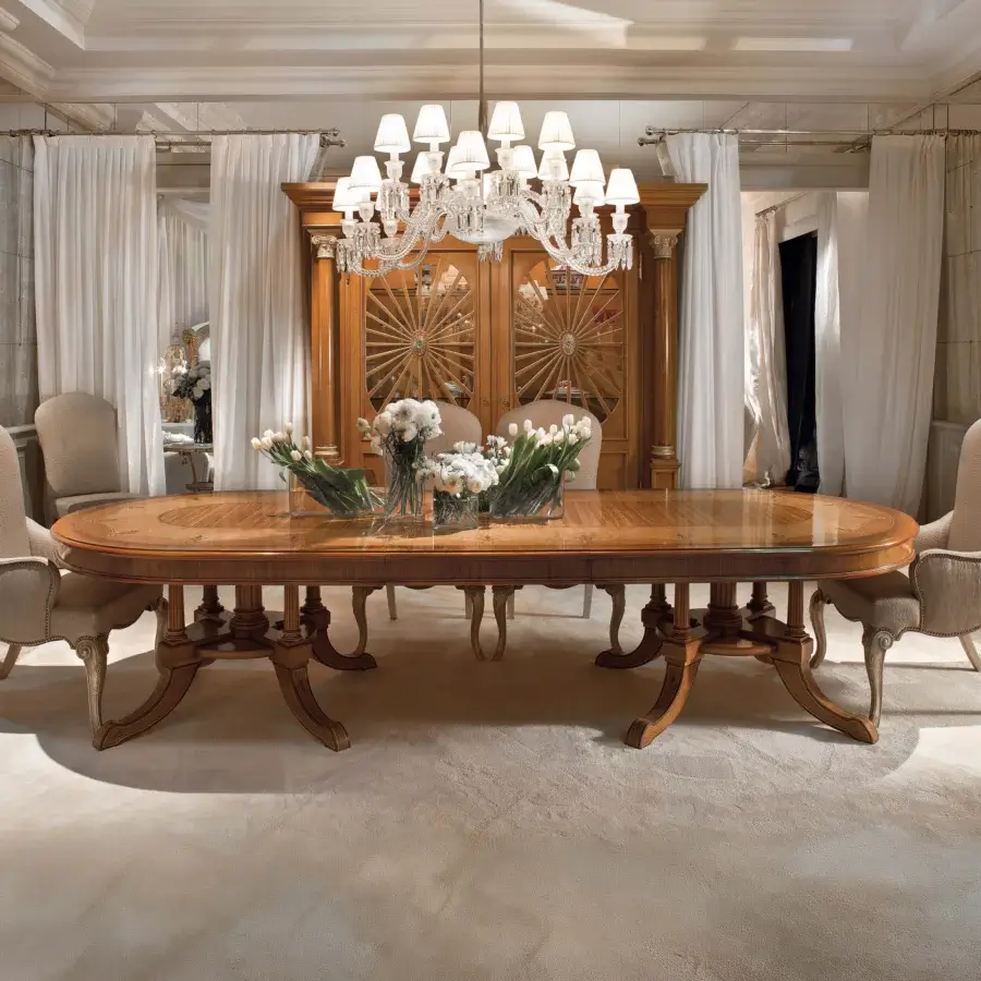 Superior Provasi 1213 extendable table crafted in richly grained wood with glossy sheen and elaborately carved legs